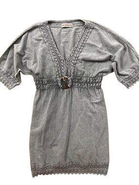 Cotton Natural Crochet Mini Dress Womens Small Blue Boho-Chic Coastal Resortwear